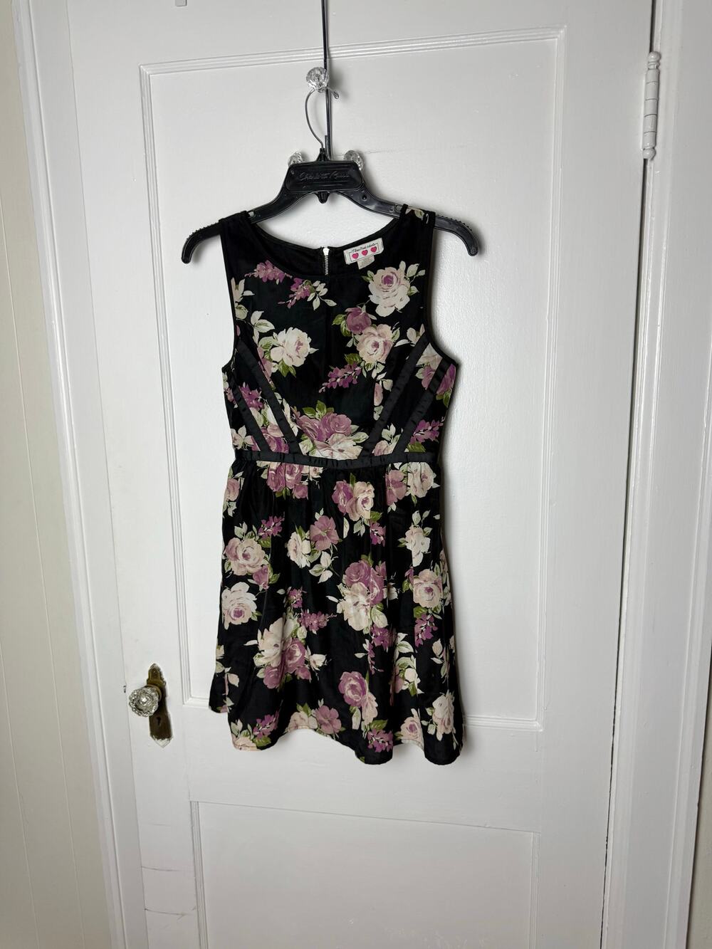 Three Pink Hearts Black Floral Whimsigoth Goth Punk Fit Flare Dress Size 2/3